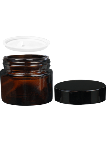 Cream glass jar style 30 ml amber bottle with black cap.