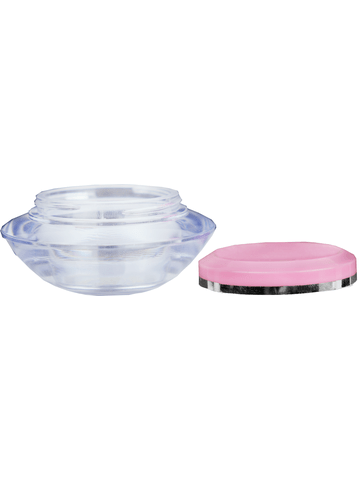 Plastic, cream jar style 15 ml bottle with pink cap.