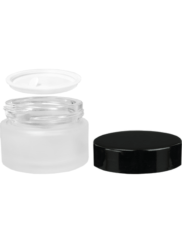 Cream glass jar style 30 ml frosted bottle with black cap.