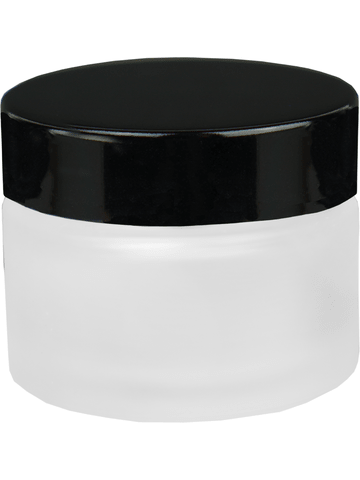 Glass, cream jar style 40 ml frosted bottle with black cap.