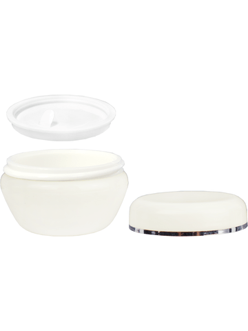 Plastic, cream jar style 20 ml bottle with white cap.