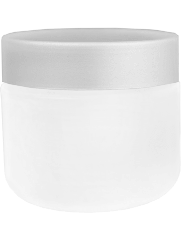 White plastic cream jar with silver cap, capacity 63 ml