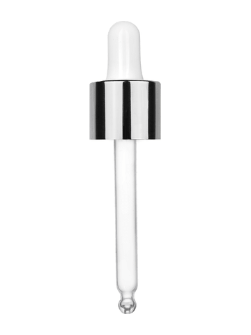 White rubber bulb dropper with shiny silver collar cap. Thread size 18-415