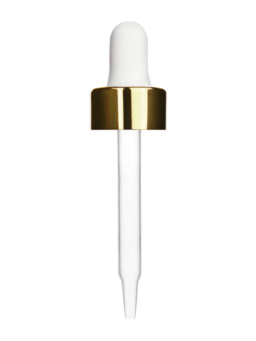 White rubber bulb dropper with shiny gold collar cap. Glass stem length is 90 mm, Thread size 20-400