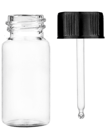 Cylinder design 9 ml clear glass vial with black cap with glass rod applicator.