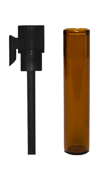 Vial style 1 ml amber glass bottle with black applicator.