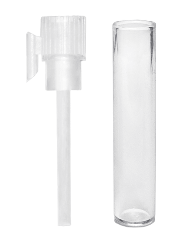 Vial style 1 ml clear glass bottle with white applicator.