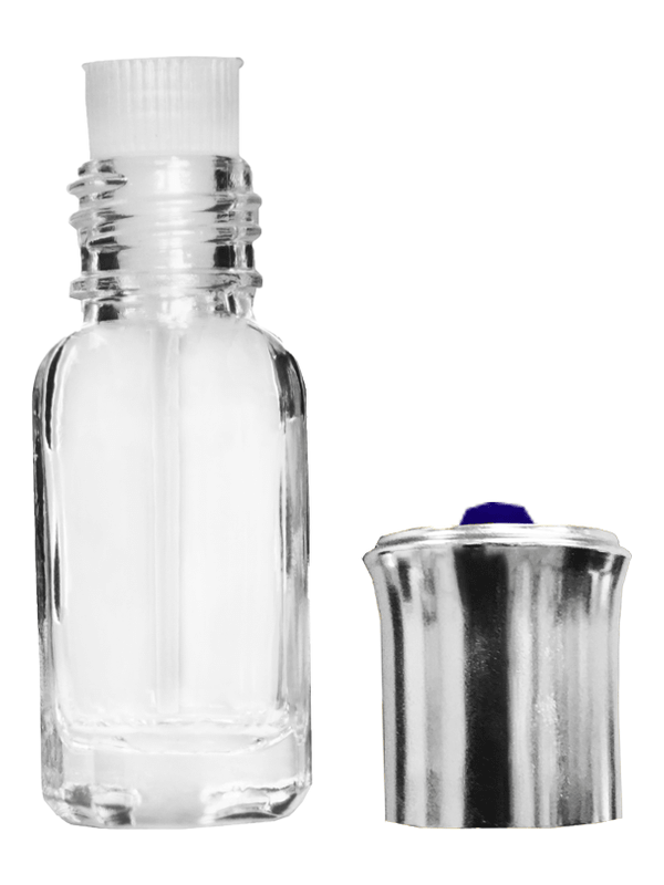 Octagonal style 3 ml glass bottle with shiny silver cap and blue bead.