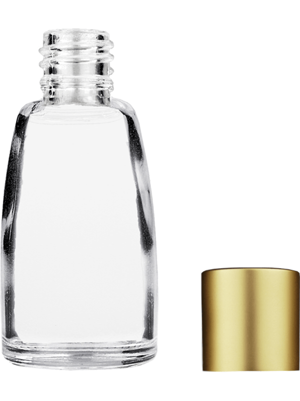 Empty Clear glass bottle with short matte gold cap capacity: 10ml. For use with perfume or fragrance oil, essential oils, aromatic oils and aromatherapy.