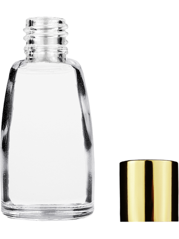 Empty Clear glass bottle with short shiny gold cap capacity: 10ml. For use with perfume or fragrance oil, essential oils, aromatic oils and aromatherapy.