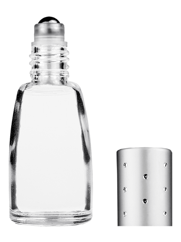 Bell design 10ml Clear glass bottle with metal roller ball plug and silver cap with dots.