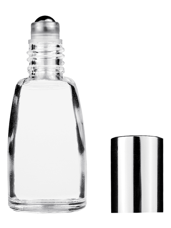 Bell design 10ml Clear glass bottle with metal roller ball plug and shiny silver cap.