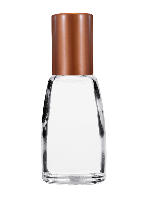 Bell design 10ml Clear glass bottle with plastic roller ball plug and matte copper cap.