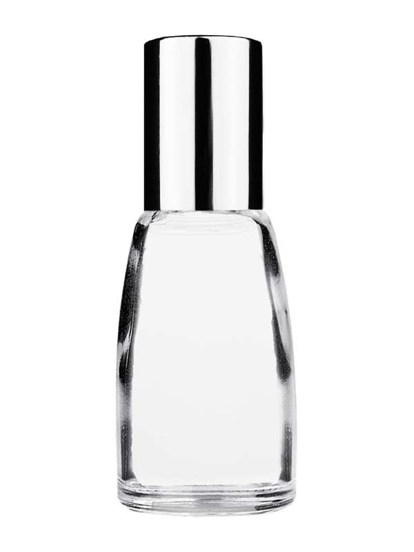 Bell design 10ml Clear glass bottle with plastic roller ball plug and shiny silver cap.