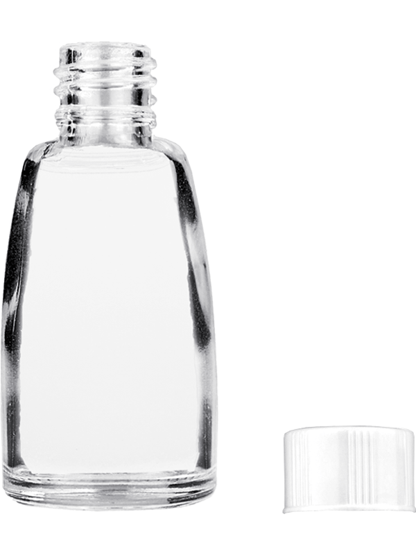 Bell design 10ml Clear glass bottle with short white ridged cap.