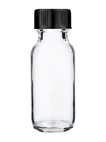 Boston round design 15ml, 1/2 oz  Clear glass bottle with short ridged black cap.