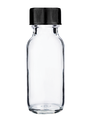 Boston round design 15ml, 1/2 oz  Clear glass bottle with short ridged black cap.