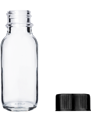 Boston round design 15ml, 1/2 oz  Clear glass bottle with short ridged black cap.