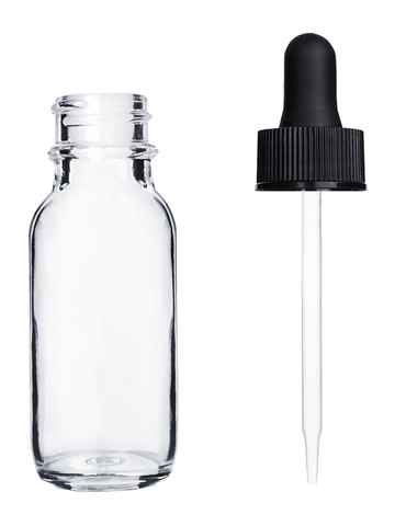 Boston round design 15ml, 1/2 oz  Clear glass bottle with a black dropper.