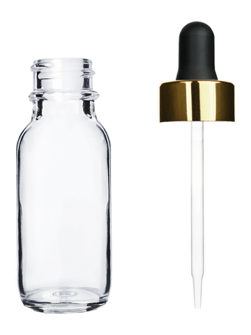 Boston round design 15ml, 1/2 oz  Clear glass bottle with a black dropper and a shiny gold trim cap.