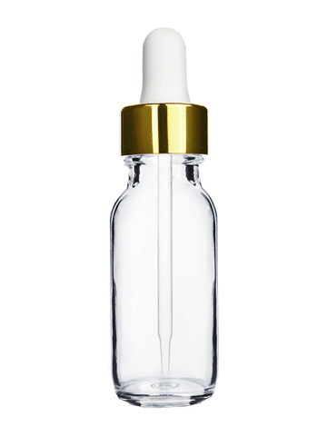 Boston round design 15ml, 1/2 oz  Clear glass bottle and white dropper and a shiny gold trim cap.