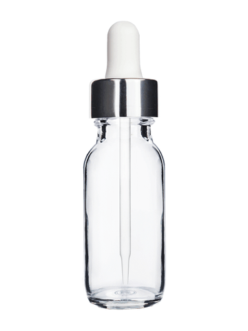 Boston round design 15ml, 1/2 oz  Clear glass bottle and white dropper and a shiny silver trim cap.