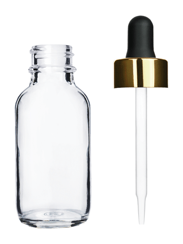 Boston round design 30ml, 1oz Clear glass bottle and black dropper with a shiny gold trim cap.