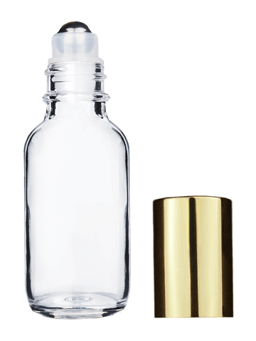 Boston round design 30ml, 1oz Clear glass bottle with metal roller plug and shiny gold cap.