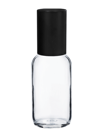 Boston round design 30ml, 1oz Clear glass bottle with metal roller plug and matte black cap.