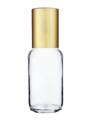 Boston round design 30ml, 1oz Clear glass bottle with plastic roller ball plug and matte gold cap.