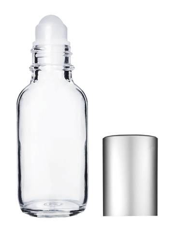 Boston round design 30ml, 1oz Clear glass bottle with plastic roller ball plug and matte silver cap.