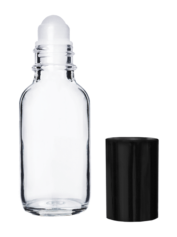 Boston round design 30ml, 1oz Clear glass bottle with plastic roller ball plug and shiny black cap.