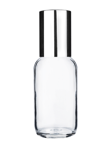 Boston round design 30ml, 1oz Clear glass bottle with plastic roller ball plug and shiny silver cap.