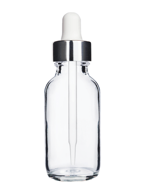 Boston round design 30ml, 1oz Clear glass bottle and white dropper with a shiny silver trim cap.