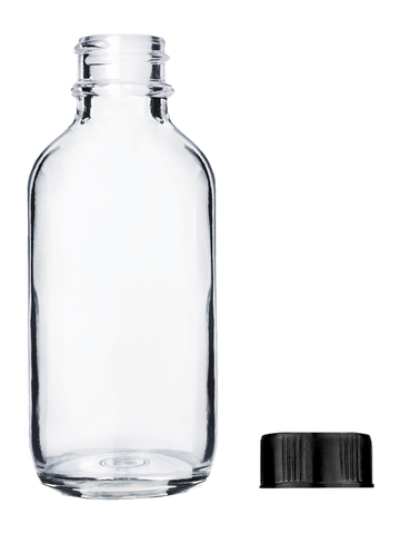 Boston round design 60ml, 2oz Clear glass bottle with short ridged black cap.