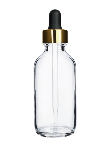 Boston round design 2 ounce clear glass bottle and black dropper with a shiny gold trim cap,