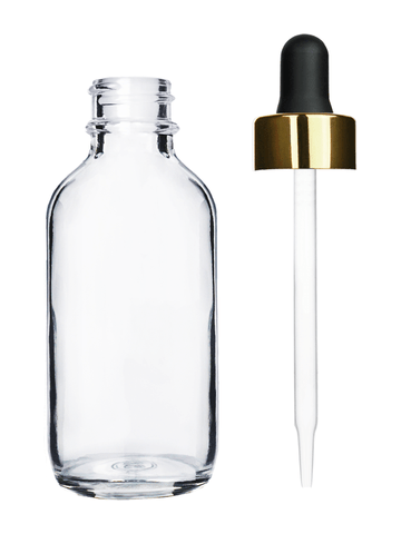 Boston round design 2 ounce clear glass bottle and black dropper with a shiny gold trim cap,