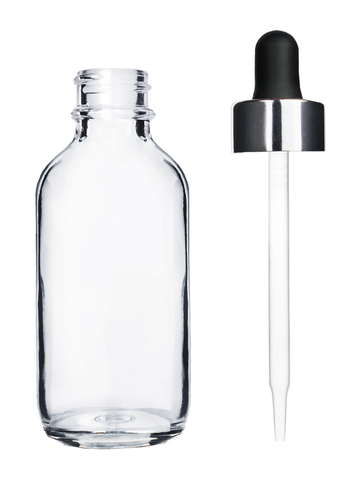 Boston round design 60ml, 2oz Clear glass bottle and black dropper with a shiny silver trim cap.