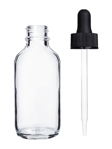 Boston round design 60ml, 2oz Clear glass bottle with black dropper.