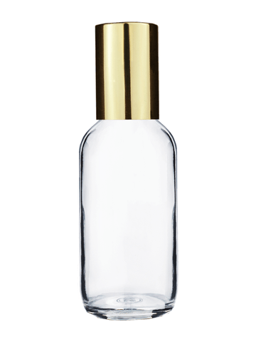 Boston round design 60ml, 2oz Clear glass bottle with metal roller ball plug and shiny gold cap.