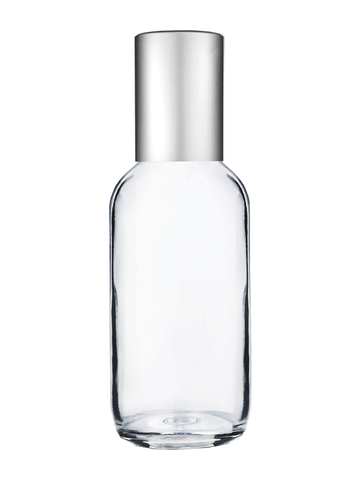 Boston round design 60ml, 2oz Clear glass bottle with metal roller ball plug and matte silver cap.