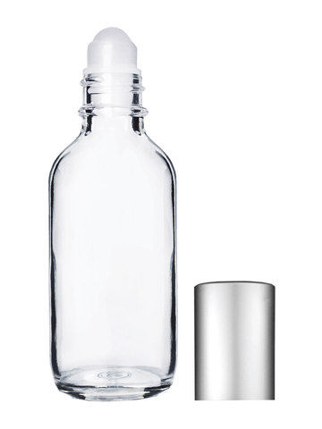 Boston round design 60ml, 2oz Clear glass bottle with plastic roller ball plug and matte silver cap.