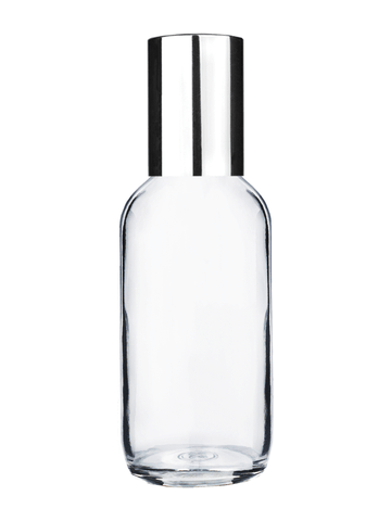 Boston round design 60ml, 2oz Clear glass bottle with plastic roller ball plug and shiny silver cap.