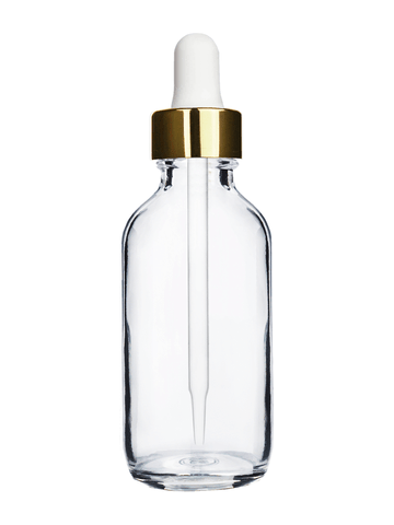 Boston round design 60ml, 2oz Clear glass bottle and white dropper with a shiny gold trim cap.