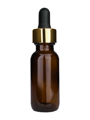 Boston round design 15ml, 1/2 oz  Amber glass bottle with black dropper with a shiny gold trim cap.