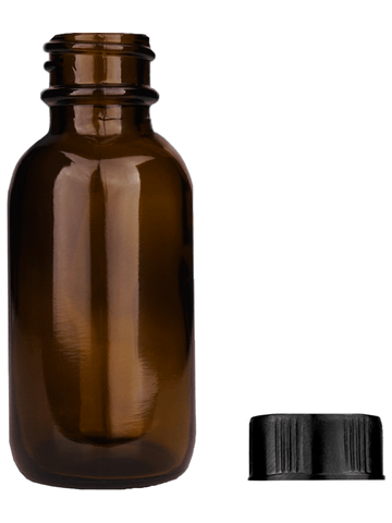 Boston round design 30ml, 1oz Amber glass bottle with short ridged black cap.