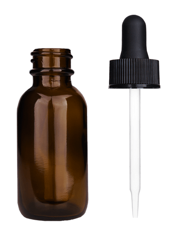 Boston round design 30ml, 1oz Amber glass bottle with black dropper.