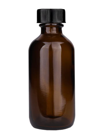 Boston round design 60ml, 2oz Amber glass bottle with short ridged black cap.