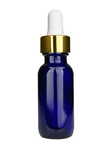 Boston round design 15ml, 1/2 oz  Cobalt blue glass bottle and white dropper and a shiny gold trim cap.