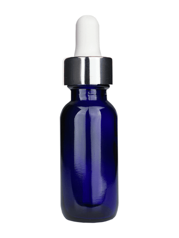 Boston round design 15ml, 1/2 oz  Cobalt blue glass bottle and white dropper and a shiny silver trim cap.